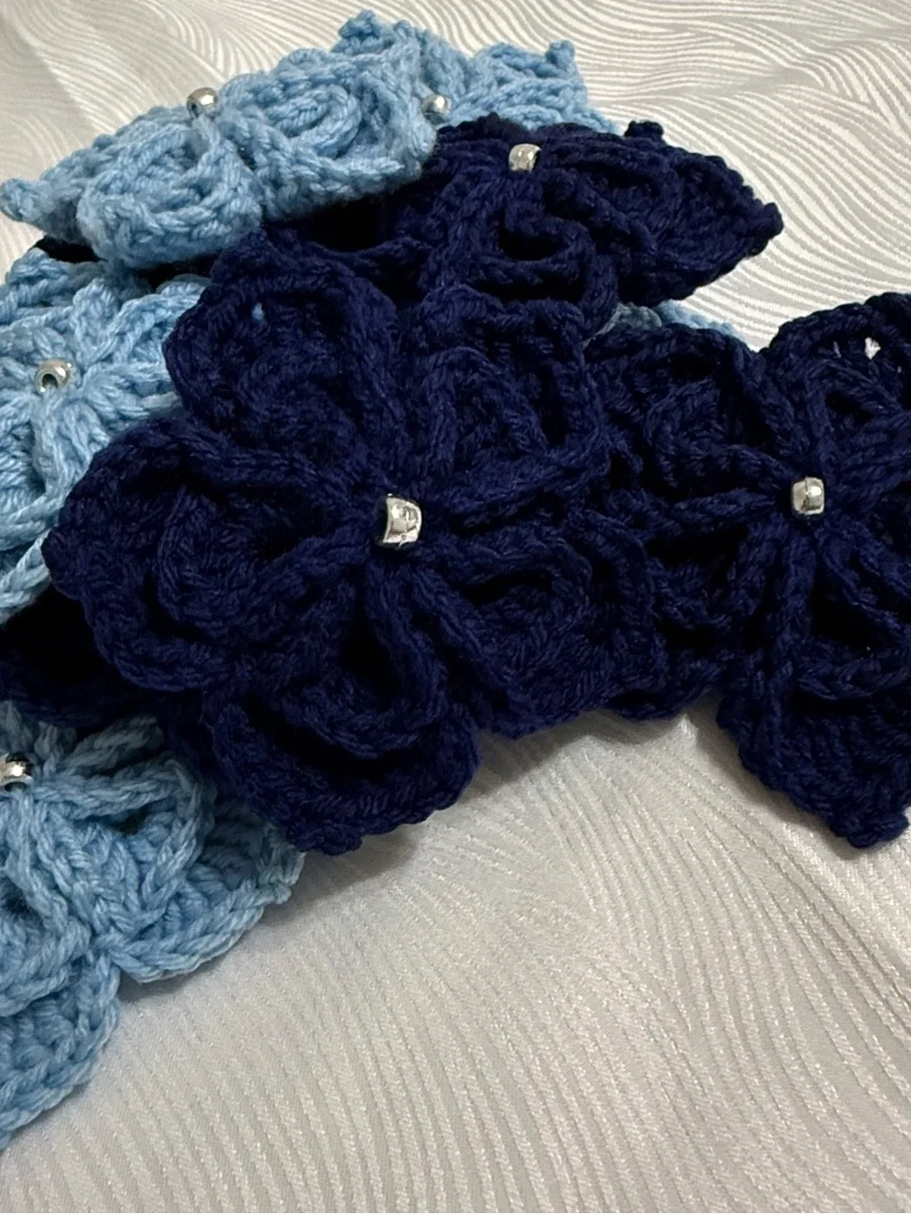 Handmade Navy and Light Blue Crochet Flower set of 12